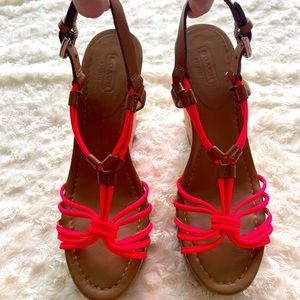 Authentic COACH Georgina Wedge Sandals - Neon Pink / Orange - Size 8.5